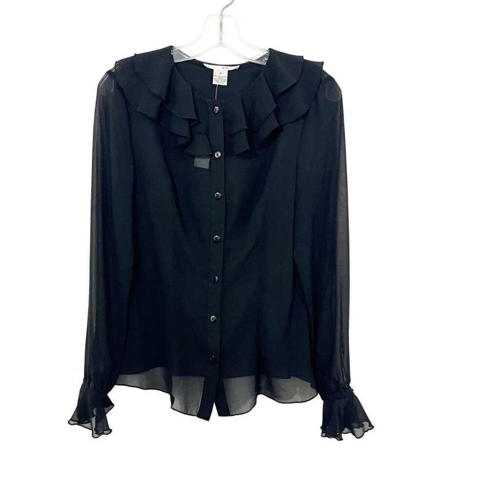 NEW Black Sheer Long‎ Sleeve Button Down Shirt Ruffle Whimsigoth Goth Size 4